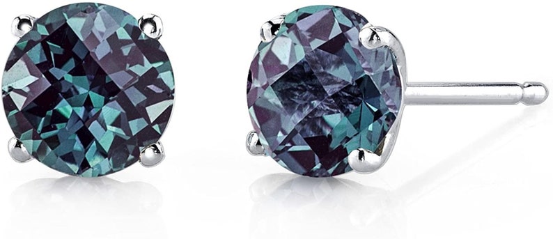 Rose,Yellow, White Gold color Lab Created Round Russian Alexandrite Stud Earrings in 14K Solid Gold 925 Sterling silver in 4MM-8MM size