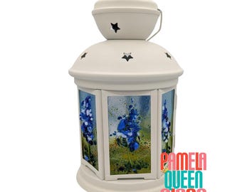 Fused Glass Lantern Bluebonnets Patio Porch Light Original Art Panels One of a Kind