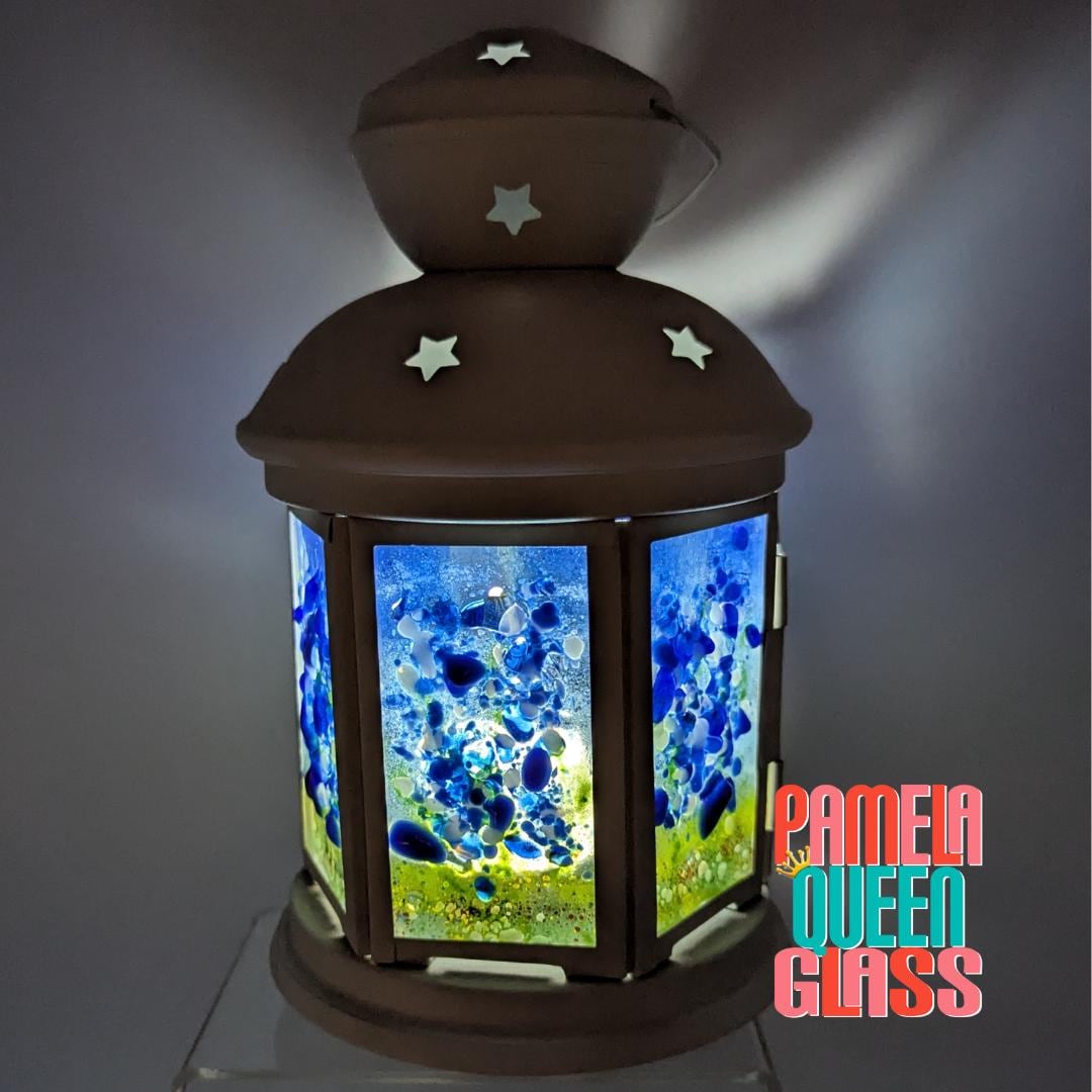 Fused Glass Lantern Original art Bluebonnets Patio Porch Light One of a Kind