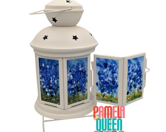 Fused Glass Lantern Bluebonnets Wildflowers Patio Porch Light Original Art Panels OOAK