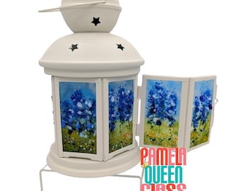Fused Glass Lantern Bluebonnets Wildflowers Patio Porch Light Original Art Panels OOAK