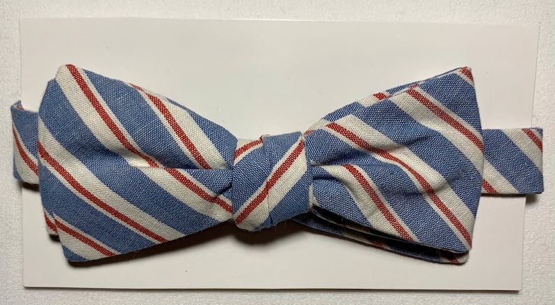 Red White and Blue Stripe Grey Plaid. Handmade Cotton Plaid Stripe Bow Tie Blue and White Stripe Orange Plaid