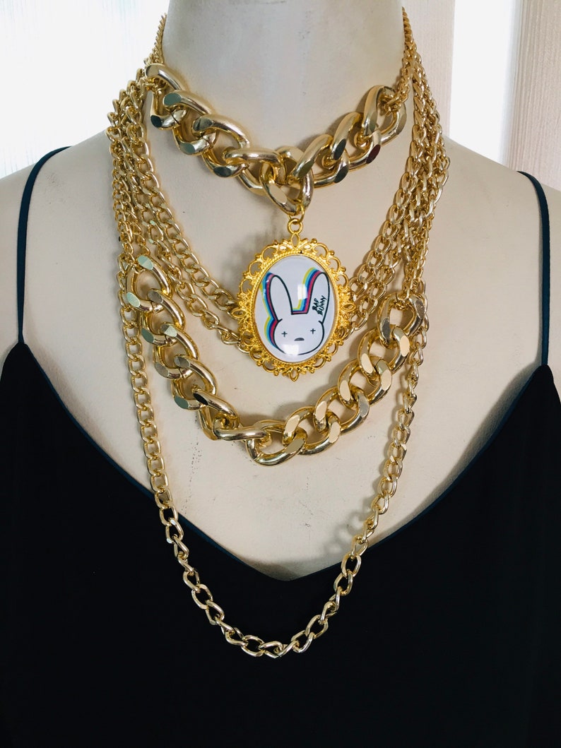 BAD BUNNY inspired layer gold chains necklace with handmade Etsy
