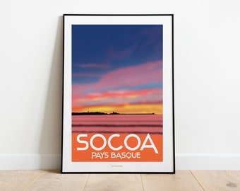 Coucher de Soleil sur la Baie de St Jean de Luz -  Affiche Vintage - Pays Basque