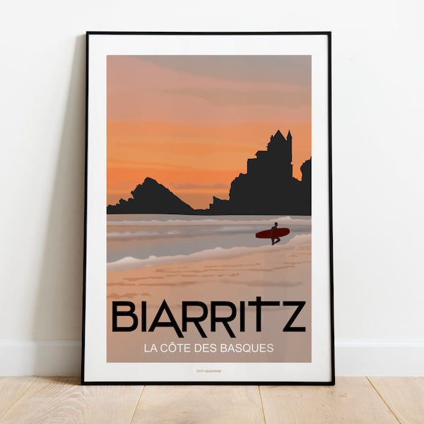 Affiche BIARRITZ - Pays Basque - Côte des Basques - Coucher de soleil