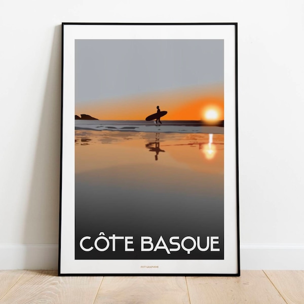 Surf sur la Côte Basque - Sunset - Affiche coucher de soleil