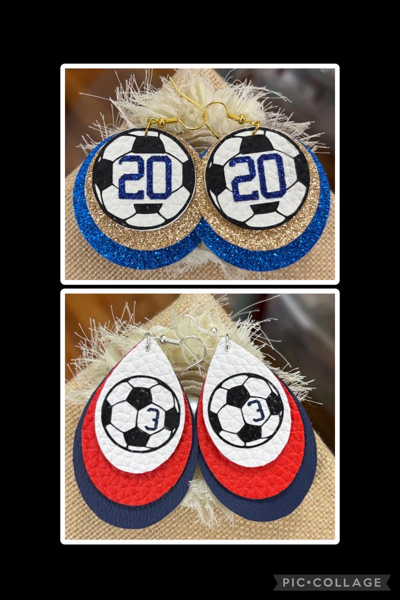 May include: Two pairs of soccer-themed earrings. One pair features a soccer ball design with the number 20, set against blue and gold glitter layers. The other pair has a soccer ball with the number 3, layered with red and navy blue.