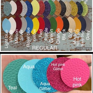 May include: A collage of colorful leatherette samples in various shapes and textures. The top section features teardrop shapes in glitter and regular finishes, labeled with colors like light blue, red, and gold. The bottom section displays round samples in teal, aqua, and hot pink.