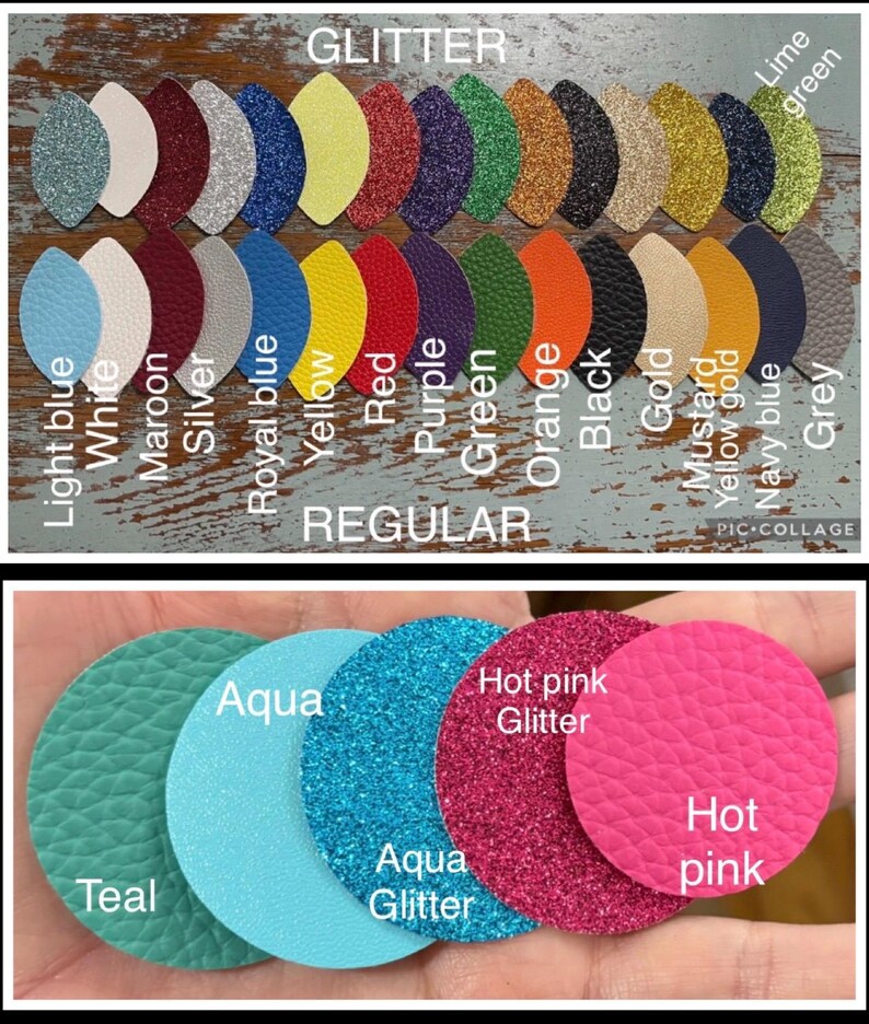 May include: A collage of colorful leatherette samples in various shapes and textures. The top section features teardrop shapes in glitter and regular finishes, labeled with colors like light blue, red, and gold. The bottom section displays round samples in teal, aqua, and hot pink.