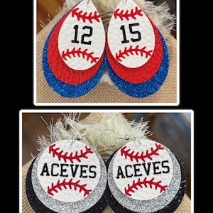 May include: Two pairs of layered earrings. The top pair features teardrop shapes with white baseball patterns, red stitching, and the numbers 12 and 15 in black. The bottom pair features circular shapes with white baseball patterns, red stitching, and the name ACEVES in black.