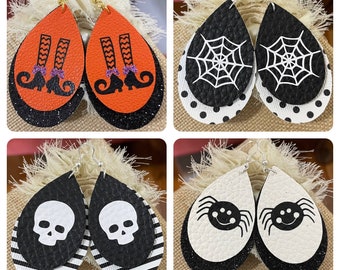 Faux Leather Halloween Earrings, Witch, Spider, Spiderweb