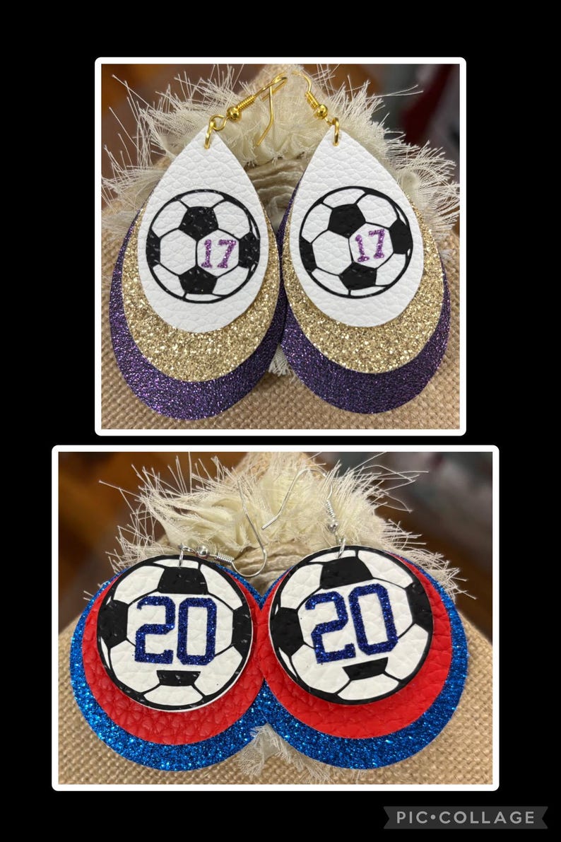 May include: Earrings with a soccer ball design. The top pair is teardrop-shaped with white, gold, and purple layers. The soccer ball has the number 17 in purple. The bottom pair is round with a soccer ball design and the number 20 in blue, with red and blue glitter layers.