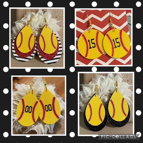 Softball earrings leather softball earrings custom softball Etsy