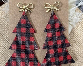 Buffalo Plaid Christmas Tree Earrings, Lightweight Holiday Earrings