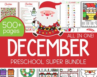 Puede incluir: Una ilustración roja y blanca de Papá Noel con luces de Navidad envueltas a su alrededor. El texto "DECEMBER PRESCHOOL SUPER BUNDLE" está en letras grandes y negritas. El texto "ALL IN ONE!" está en letras más pequeñas. Hay varias imágenes más pequeñas de actividades con temática navideña para niños de preescolar.