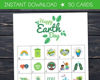 50 Earth Day Bingo Cards Classroom Game, Bingo Game, Party Game, Work Office Game, Games for adults, Game night, Earth Day Games Activities