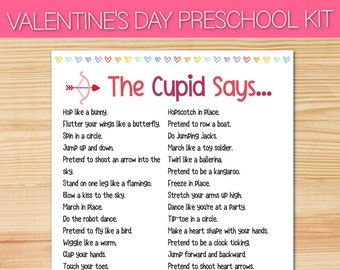 The Cupid Says Printable Kids Valentine's Day Games Toddler Daycare Preschool Kindergarten Simon Says Movement Gross Motor