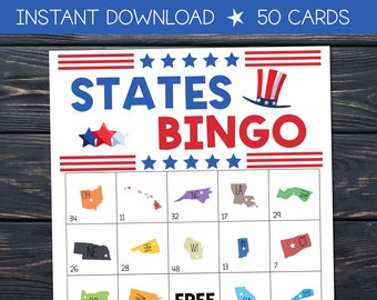 50 States Bingo Cards Classroom Game, Bingo Game, Party Game, Work Office Game, Games for adults, Game night, US States And Capitals
