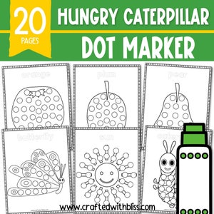 May include: A set of 20 printable dot marker activity pages featuring images of a butterfly, sun, orange, plum, pear, and caterpillar. The pages are designed for use with dot markers and are perfect for preschool and kindergarten children.
