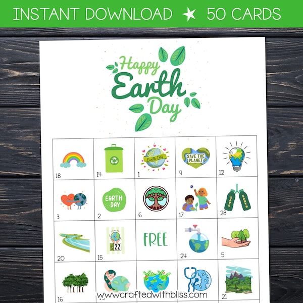 50 Earth Day Bingo Cards Classroom Game, Bingo Game, Party Game, Work Office Game, Games for adults, Game night, Earth Day Games Activities