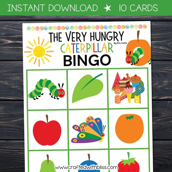 10 Tarjetas de BINGO de La Oruga Muy Hambrienta para Preescolar-Kindergarten, Libros de Eric Carle, La Oruga Muy Hambrienta Imprimible para Niños