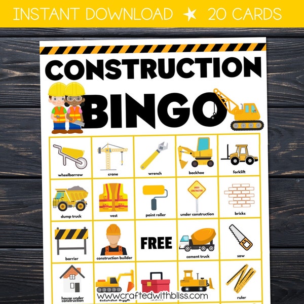 Construction Bingo For Kids, Construction Bingo Birthday Party, Classroom Bingo Game, Preschool Bingo Activity, Construction Printable kids