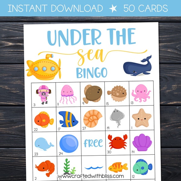 50 Under the Sea Bingo Cards Classroom Game, Bingo Game Party Game, Work Office Game, Games for adults Game night Birthday Games Activities