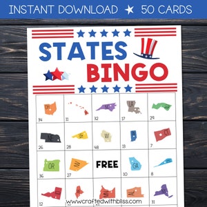 50 US Bundesstaaten Bingo Karten Klassenzimmer Spiel, Bingo Spiel, Party Spiel, Arbeit Büro Spiel, Spiele für Erwachsene, Spieleabend, US Bundesstaaten und Hauptstädte