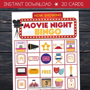 Paquete de bingo Movie Night Madness: perfecto para fiestas temáticas, fiestas de pijamas o actividades en el aula. ¡Incluye tarjetas de bingo, marcadores y más!