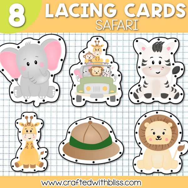 Safari Animal Lacing Cards: Interactive Learning Activity for Kids - Fine Motor Skills Development