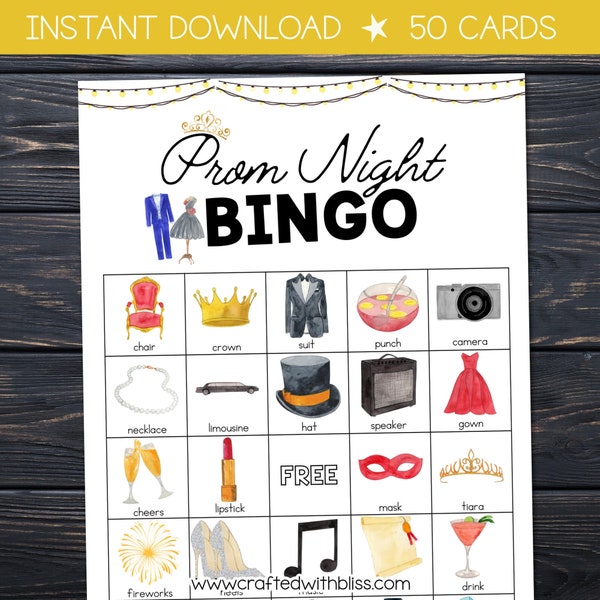 50 Prom Night Bingo Cards Classroom Game, Bingo Game, Party Game, Work Office Game, Games for adults, Prom Game night, Prom Games Activities