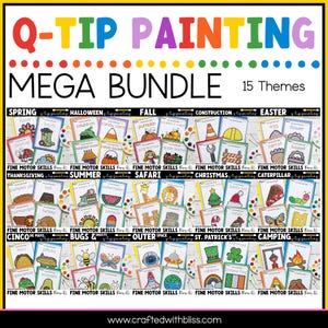 Op de afbeelding: Een Q-tip schilderbundel met 15 thema's, waaronder lente, Halloween, herfst, bouw, Pasen, Thanksgiving, zomer, safari, Kerstmis, rups, Cinco de Mayo, insecten, ruimte, St. Patrick's Day en kamperen.