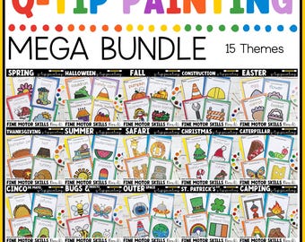 Op de afbeelding: Een Q-tip schilderbundel met 15 thema's, waaronder lente, Halloween, herfst, bouw, Pasen, Thanksgiving, zomer, safari, Kerstmis, rups, Cinco de Mayo, insecten, ruimte, St. Patrick's Day en kamperen.