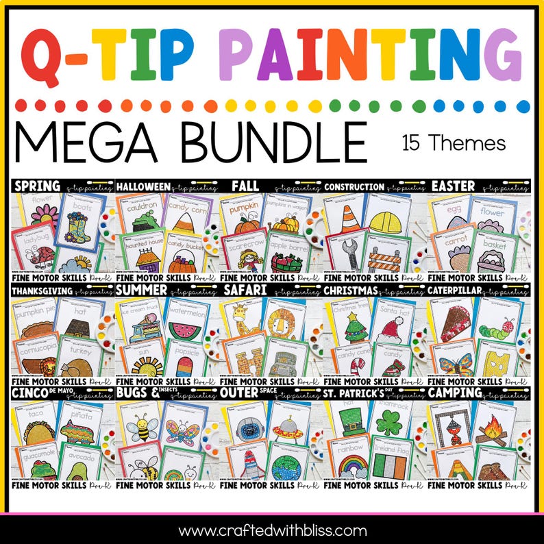 Op de afbeelding: Een Q-tip schilderbundel met 15 thema's, waaronder lente, Halloween, herfst, bouw, Pasen, Thanksgiving, zomer, safari, Kerstmis, rups, Cinco de Mayo, insecten, ruimte, St. Patrick's Day en kamperen.