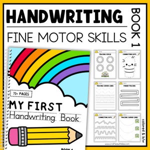 Può includere: Un quaderno di scrittura a spirale intitolato "MY FIRST Handwriting Book" con un arcobaleno e una matita. Il libro include esercizi di tracciamento per le capacità motorie fini. La copertina presenta il testo "HANDWRITING FINE MOTOR SKILLS BOOK 1".