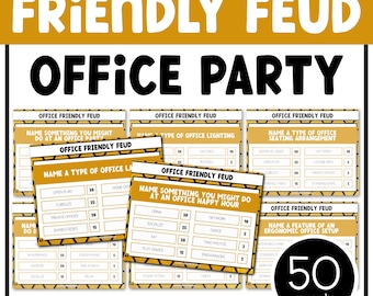 May include: A game set titled "Friendly Feud Office Party" with 50 cards. The cards feature various office-related categories and prompts, such as "Name something you might do at an office party." The game's design is in shades of gold and black.