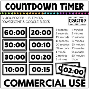 May include: A set of 18 black and white countdown timers for PowerPoint and Google Slides. The timers range from 3 seconds to 1 hour. The text "COUNTDOWN TIMER" and "COMMERCIAL USE" is included in the image.