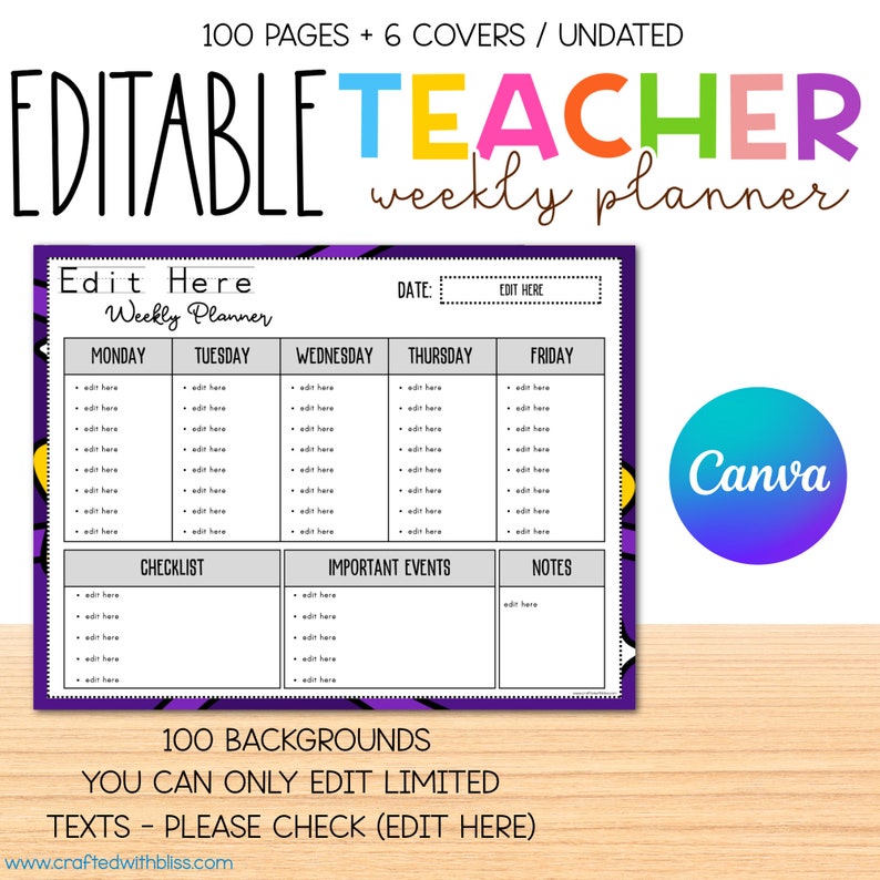 Editable Teacher Weekly Planner 100 Backgrounds Canva Etsy