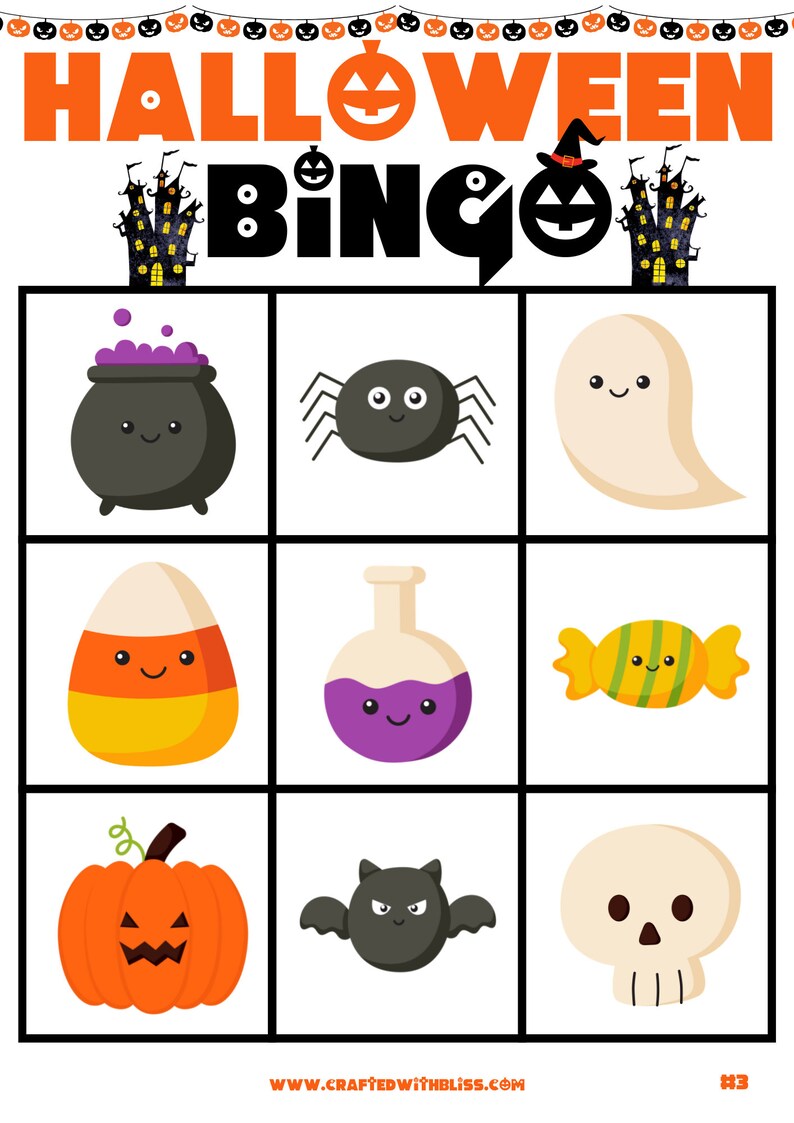 May include: Halloween Bingo card with nine squares featuring various Halloween icons, including a cauldron, spider, ghost, candy corn, potion bottle, candy, pumpkin, bat, and skull.