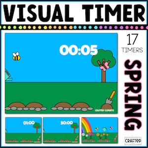 Op de afbeelding: Een kleurrijke digitale afbeelding met de titel "VISUAL TIMER" met een lentethema. De hoofdafbeelding toont een blauwe lucht, groen gras, een boom en een bij. De timer geeft "00:05" weer. Extra scènes tonen verschillende tijdsintervallen en een regenboog.