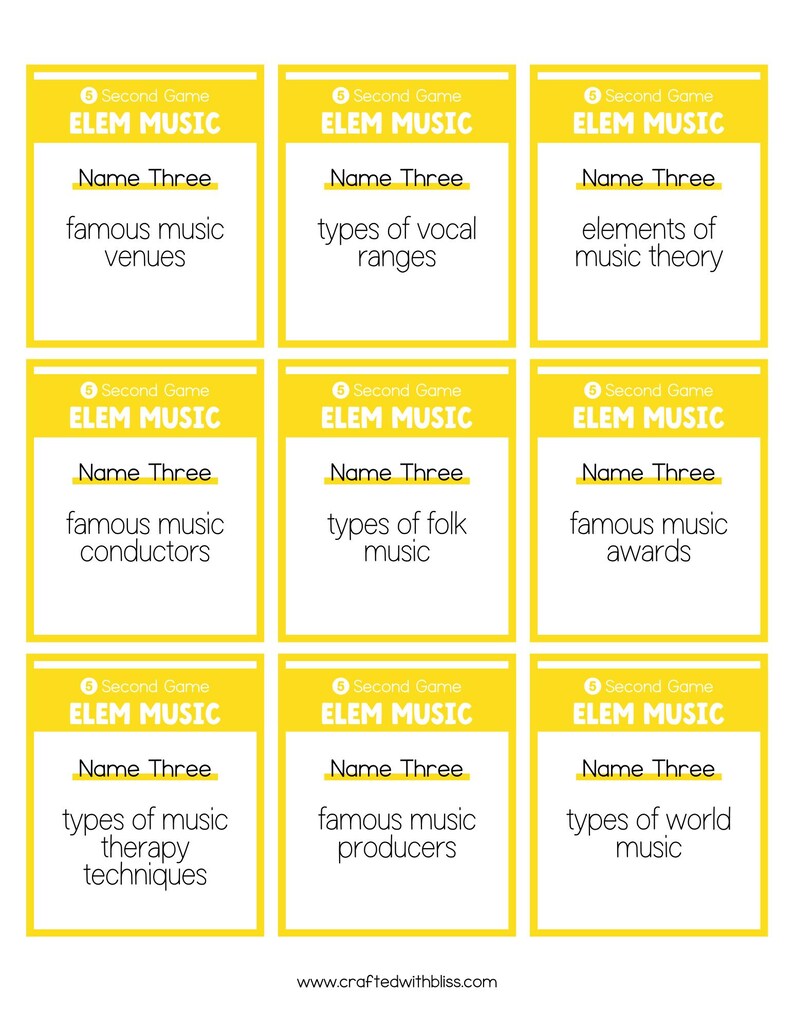 May include: Nine yellow cards with black text. Each card has the title "Second Game Elem Music" and asks the player to "Name Three" things related to music.  The topics include famous music venues, types of vocal ranges, elements of music theory, famous music conductors, types of folk music, famous music awards, types of music therapy techniques, famous music producers, and types of world music.