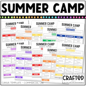 Puede incluir: Un conjunto de nueve plantillas imprimibles de planificador de actividades de campamento de verano. Cada plantilla presenta un tema diferente, como acampar, diversión acuática, exploradores STEM, deportes, semana de Disney, descubrimiento espacial, cocina, tema de animales y diversión en la naturaleza. Cada plantilla incluye secciones para actividades divertidas, movimiento, manualidades, aventura, notas y aprendizaje.