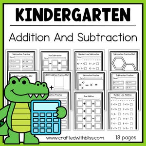Kindergarten Addition and Subtraction Worksheets Bundle Early Math Practice Homeschool Printable