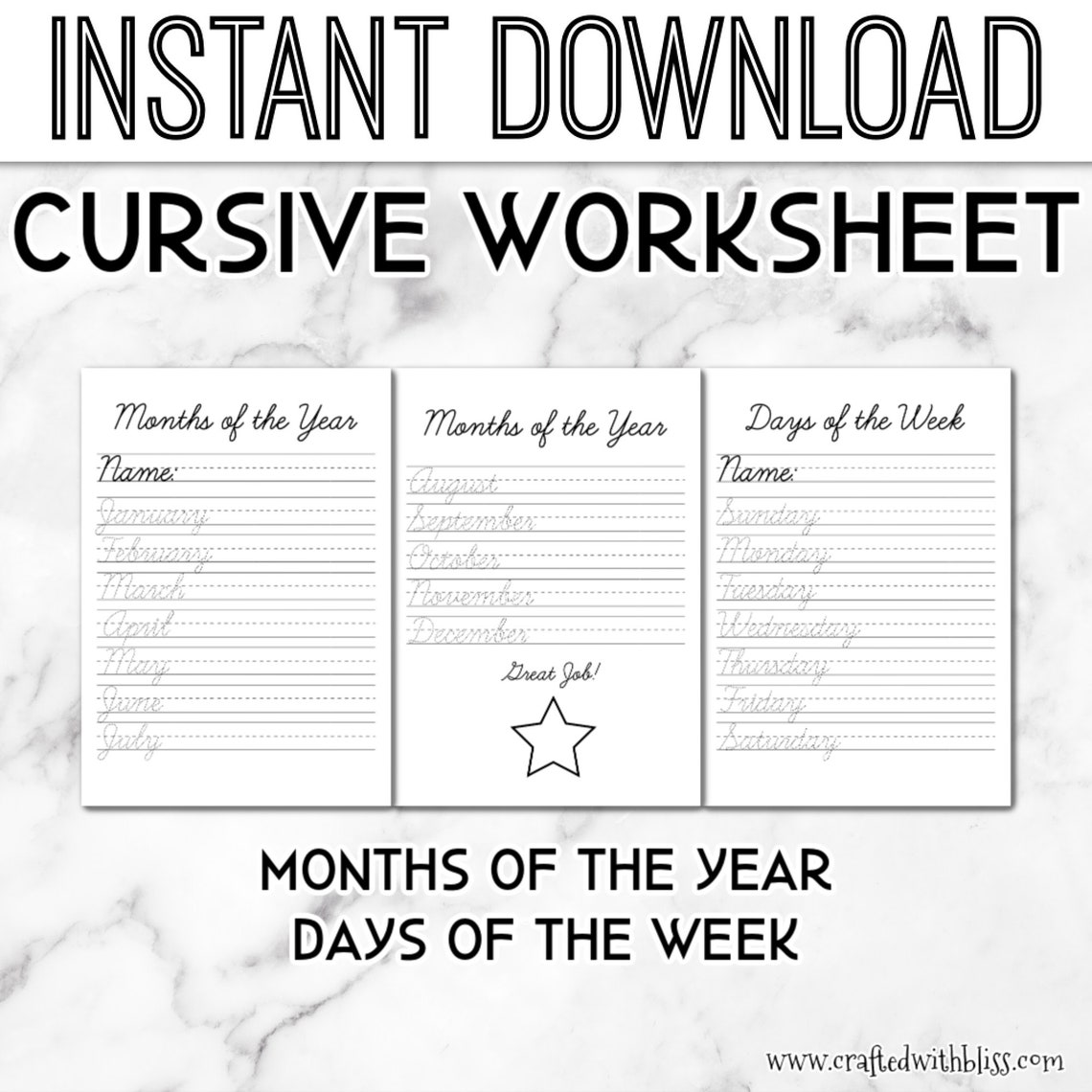 cursive tracing worksheets practice words handwriting etsy