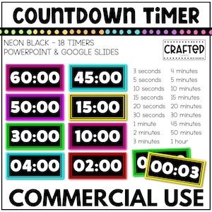 May include: A set of 18 neon black countdown timers for PowerPoint and Google Slides. The timers range from 60:00 to 00:03 and include increments of 5 seconds, 10 seconds, 15 seconds, 20 seconds, 30 seconds, 1 minute, 2 minutes, 3 minutes, 4 minutes, 5 minutes, 10 minutes, 15 minutes, 20 minutes, 30 minutes, 45 minutes, 50 minutes, and 1 hour.
