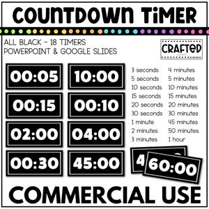 Op de afbeelding: Een set van 18 zwart-witte afteltimers voor PowerPoint en Google Slides. De timers variëren van 5 seconden tot 1 uur. De tekst "COUNTDOWN TIMER" staat bovenaan de afbeelding. De tekst "ALL BLACK - 18 TIMERS" staat onder de titel. De tekst "POWERPOINT & GOOGLE SLIDES" staat onder de vorige tekst. De tekst "CRAFTED CLIPARTS" staat in de rechterbovenhoek van de afbeelding. De tekst "COMMERCIAL USE" staat onderaan de afbeelding.