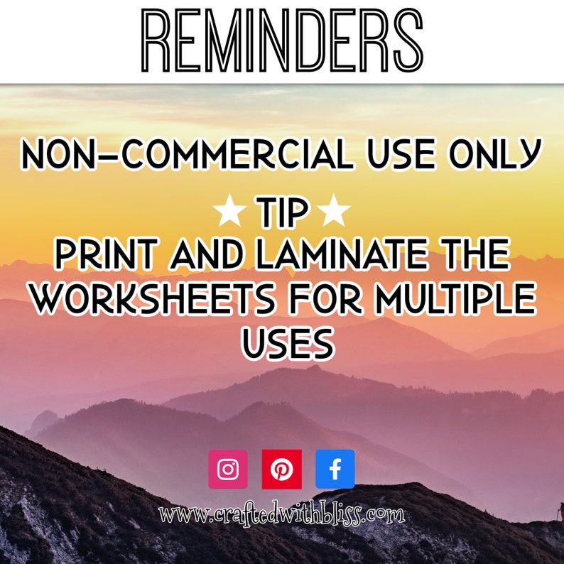 Może przedstawiać: Obraz przypominający z zachodem słońca w tle i tekstem "REMINDERS NON-COMMERCIAL USE ONLY TIP PRINT AND LAMINATE THE WORKSHEETS FOR MULTIPLE USES". Obraz zawiera r&oacute;wnież ikony medi&oacute;w społecznościowych dla Instagrama, Pinteresta i Facebooka oraz adres strony internetowej: www.craftedwithbliss.com.