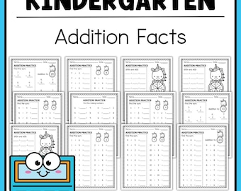 May include: A set of 20 printable worksheets for kindergarten students to practice addition facts. Each worksheet features a unicorn theme and includes various addition problems.