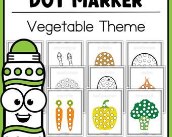 May include: A set of 20 printable dot marker activity pages featuring various vegetables, including carrots, broccoli, asparagus, and bell peppers. The pages are designed for children to practice their fine motor skills and color recognition.