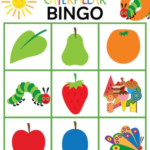 Puede incluir: Tablero de juego de bingo La Oruga Muy Hambrienta con una hoja verde, una pera verde, una naranja, una oruga verde, una fresa roja, un mont&oacute;n de golosinas surtidas, una manzana roja, una ciruela azul y una mariposa colorida. El juego est&aacute; basado en el popular libro infantil de Eric Carle.